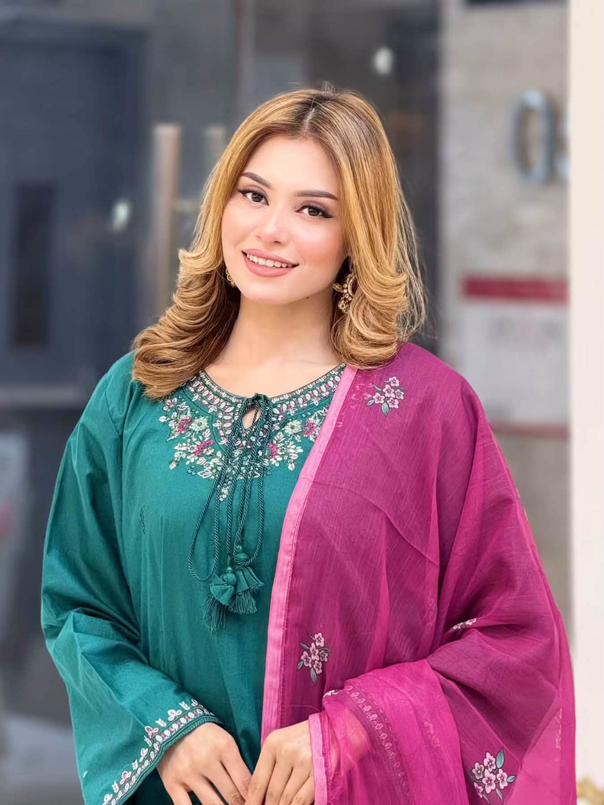 Sadabahar Eclair Embroidered Cotton 3 Piece-Teal
