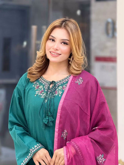 Sadabahar Eclair Embroidered Cotton 3 Piece-Teal