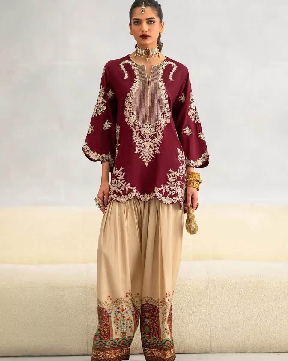 ETHNC SILK HEAVILY EMBROIDERED SHORT SHIRT WITH SILK FARSHI SHALWAR