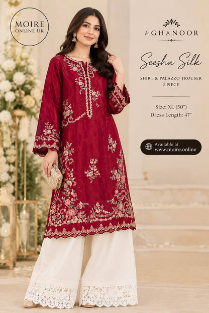 Aghanoor Embroidered Maroon Seesha Silk 2 Piece