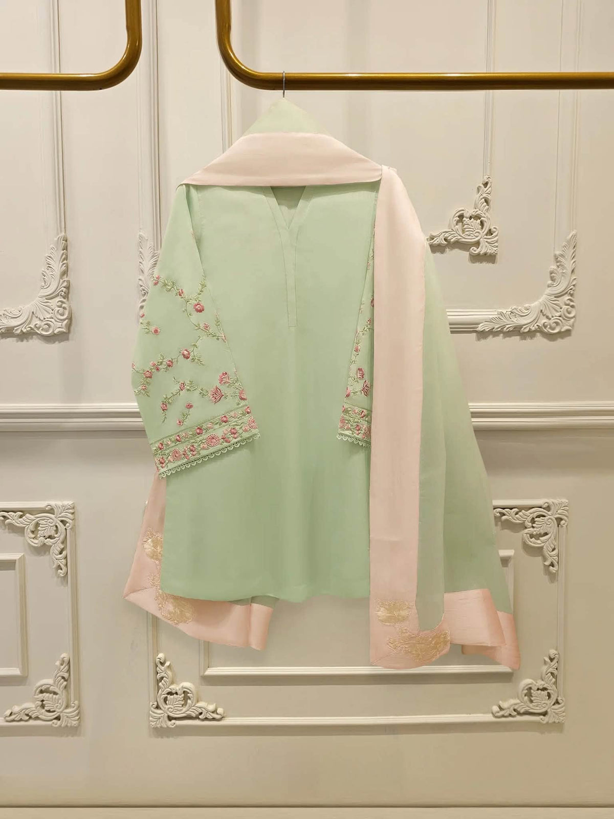 Aghanoor Embroidered Pure Khaadi Silk 3 Piece with Tulip Trouser-Pista Green