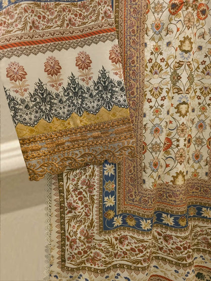 AGHANOOR CAMBRIC COTTON SHIRT & LAWN DUPATTA-Beige Multi