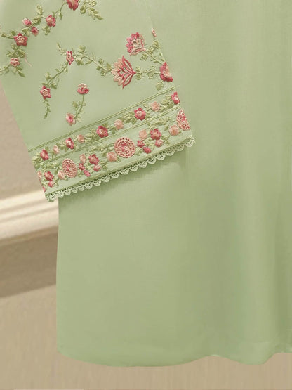 Aghanoor Embroidered Pure Khaadi Silk 3 Piece with Tulip Trouser-Pista Green