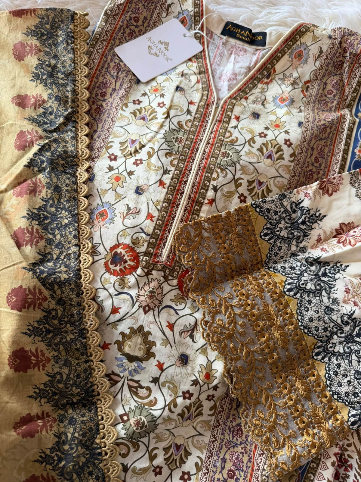 AGHANOOR CAMBRIC COTTON SHIRT & LAWN DUPATTA-Beige Multi