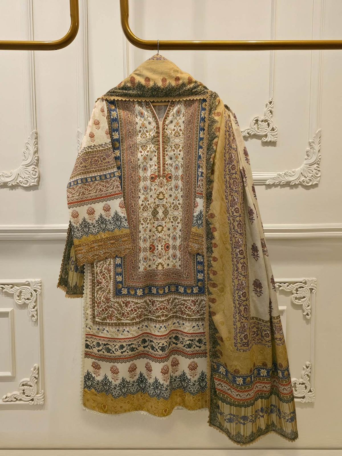 AGHANOOR CAMBRIC COTTON SHIRT & LAWN DUPATTA-Beige Multi