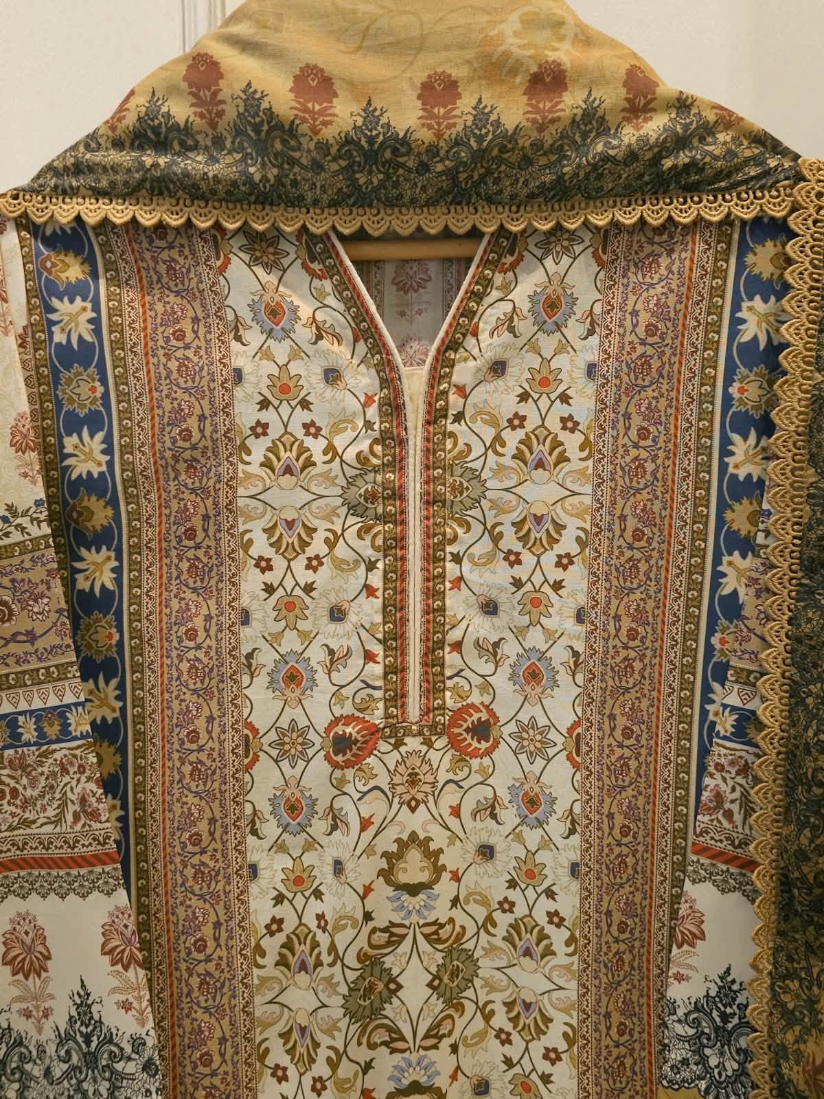 AGHANOOR CAMBRIC COTTON SHIRT & LAWN DUPATTA-Beige Multi