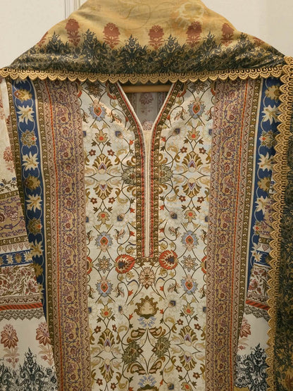 AGHANOOR CAMBRIC COTTON SHIRT & LAWN DUPATTA-Beige Multi