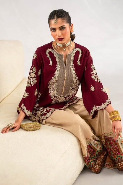 ETHNC SILK HEAVILY EMBROIDERED SHORT SHIRT WITH SILK FARSHI SHALWAR