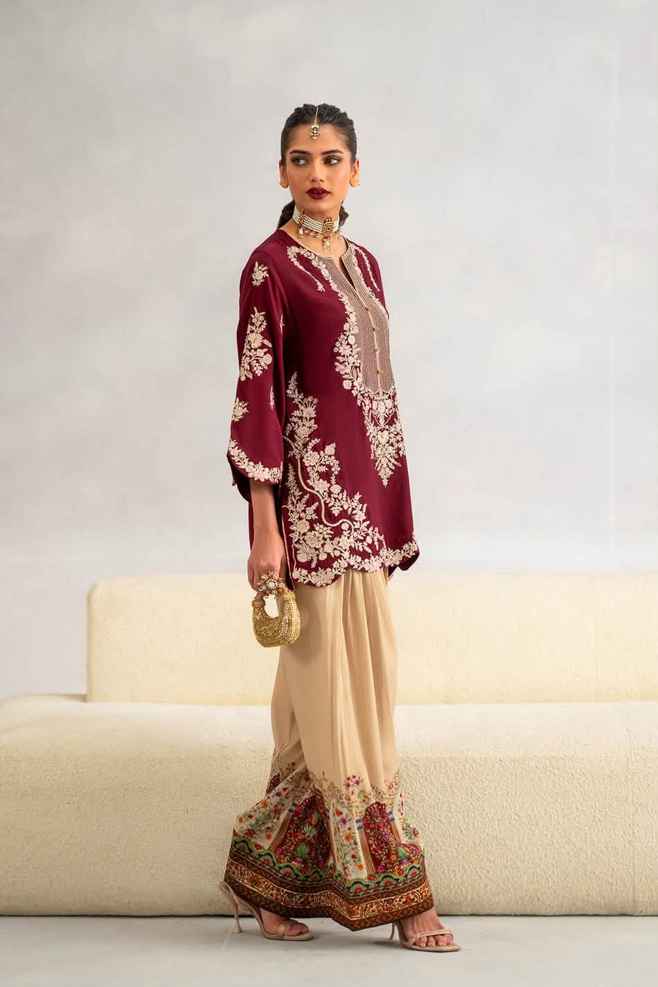 ETHNC SILK HEAVILY EMBROIDERED SHORT SHIRT WITH SILK FARSHI SHALWAR