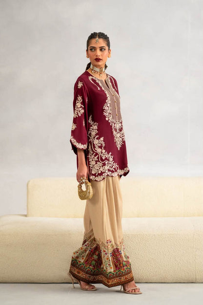 ETHNC SILK HEAVILY EMBROIDERED SHORT SHIRT WITH SILK FARSHI SHALWAR