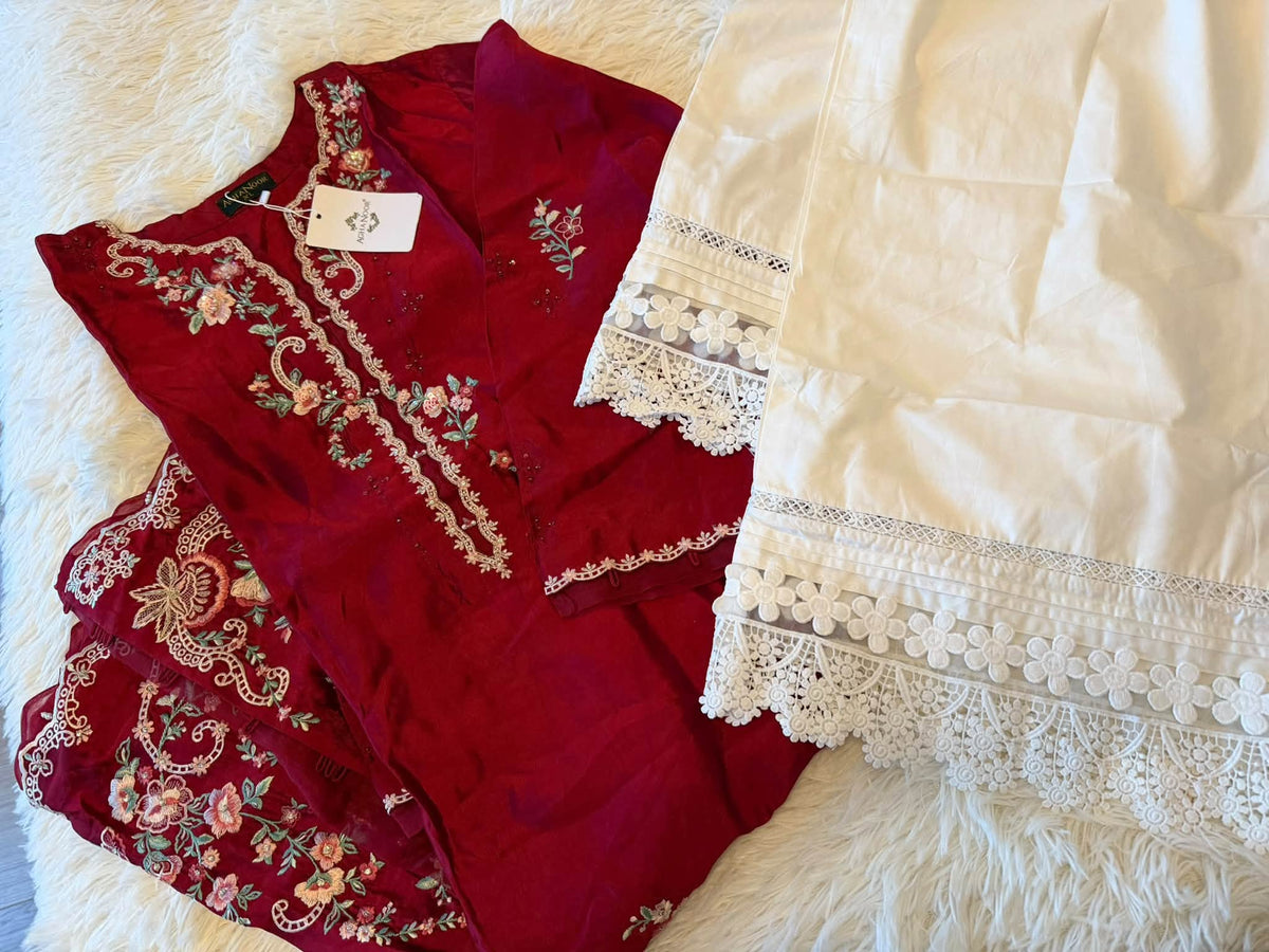 Aghanoor Embroidered Maroon Seesha Silk 2 Piece