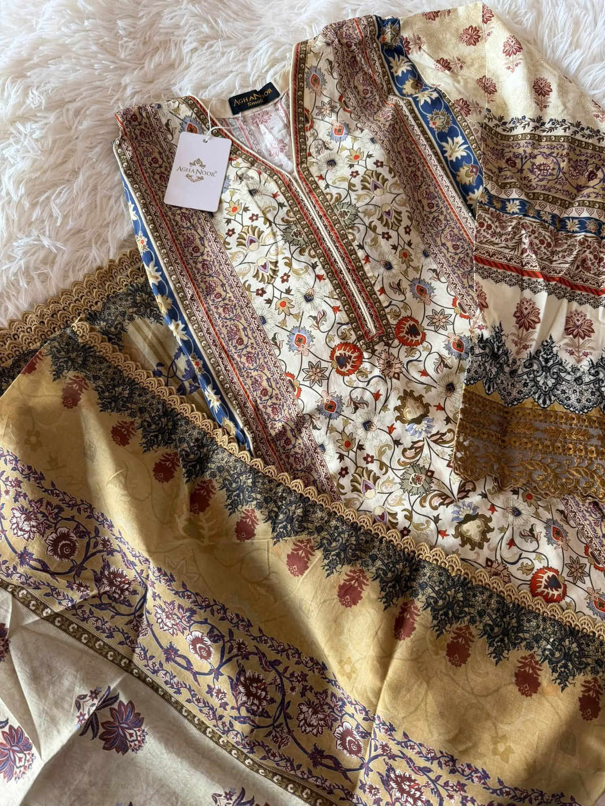 AGHANOOR CAMBRIC COTTON SHIRT & LAWN DUPATTA-Beige Multi