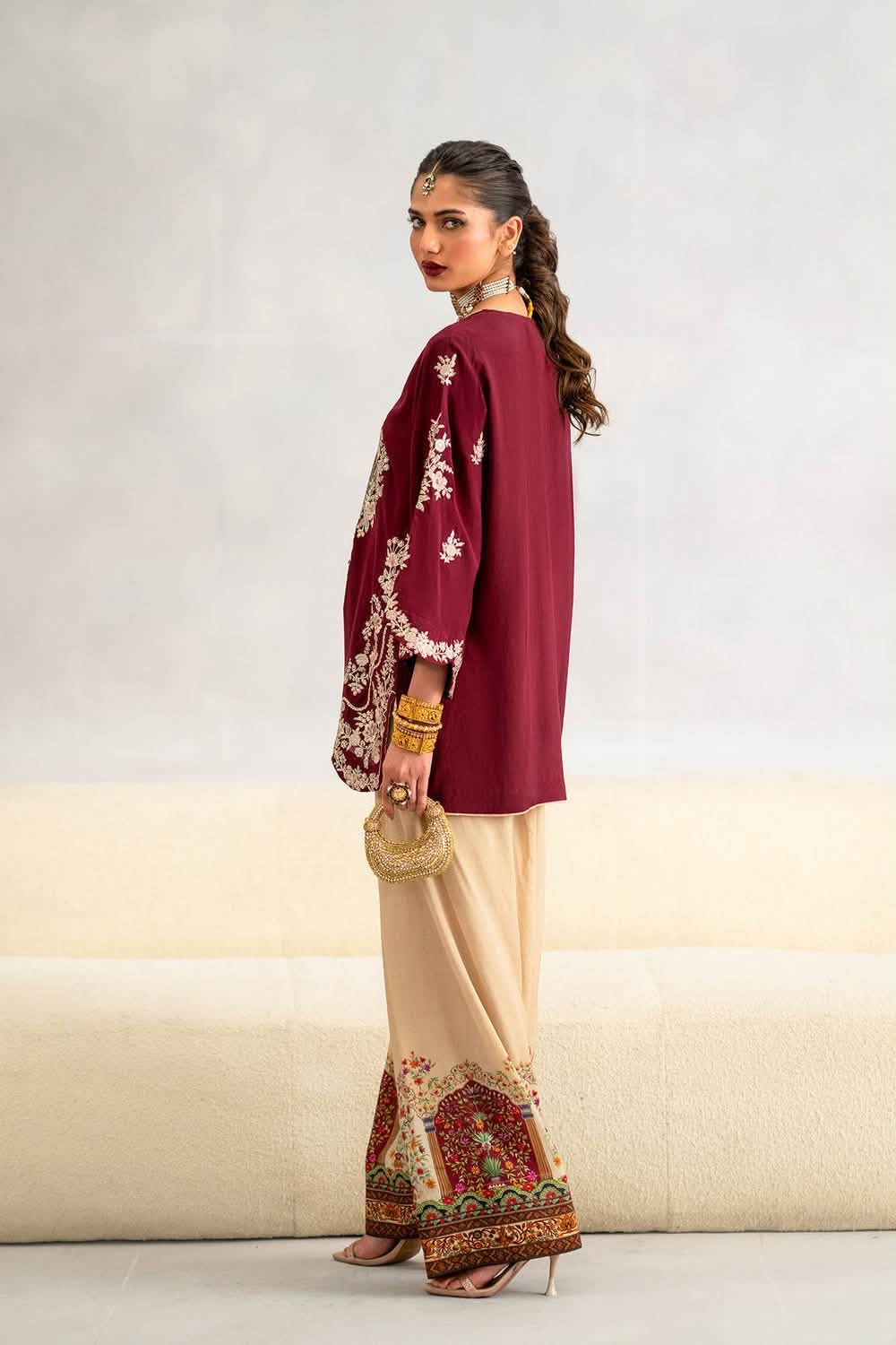 ETHNC SILK HEAVILY EMBROIDERED SHORT SHIRT WITH SILK FARSHI SHALWAR