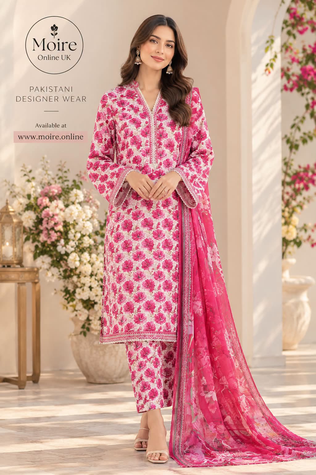 Bin Saeed Printed Lawn Cotton Suit with Chiffon Dupatta- White/pink