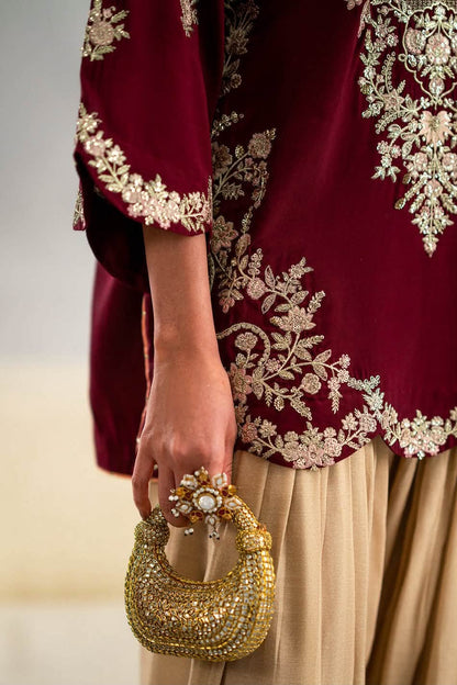 ETHNC SILK HEAVILY EMBROIDERED SHORT SHIRT WITH SILK FARSHI SHALWAR