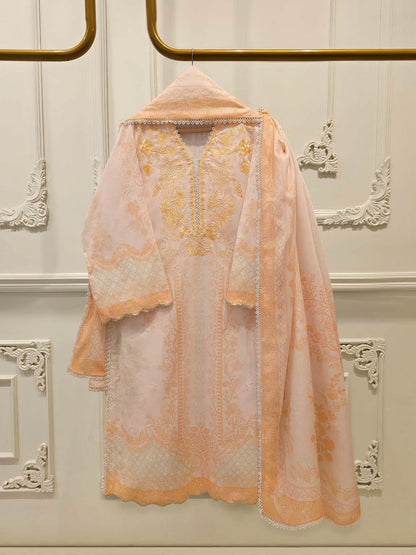 AGHANOOR CAMBRIC COTTON EMBROIDERED SHIRT & LAWN DUPATTA-Peach