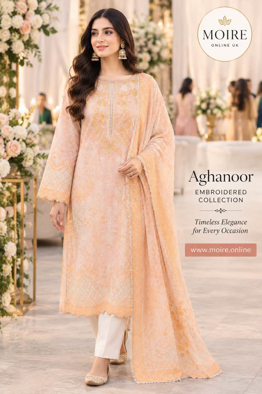 AGHANOOR CAMBRIC COTTON EMBROIDERED SHIRT & LAWN DUPATTA-Peach