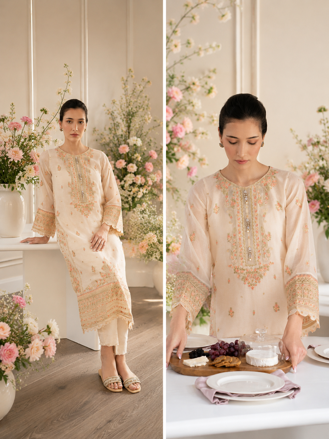 AGHANOOR COTTON NET HEAVILY EMB SHIRT & SILK PANTS