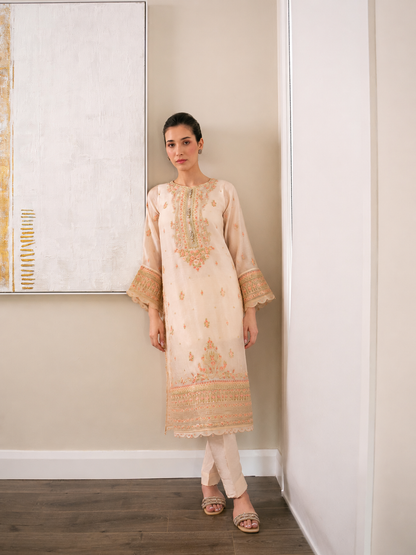 AGHANOOR COTTON NET HEAVILY EMB SHIRT & SILK PANTS