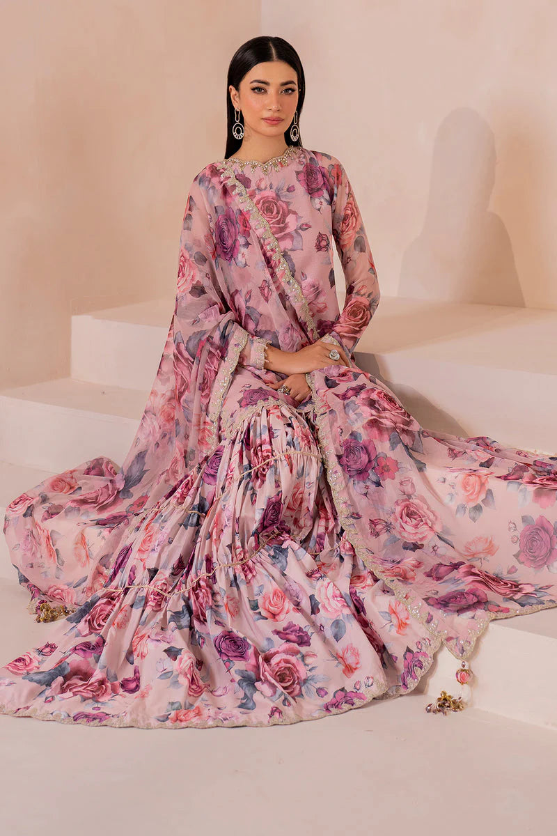 Baroque Embroidered & Printed Chiffon 3 Piece-Pink Floral