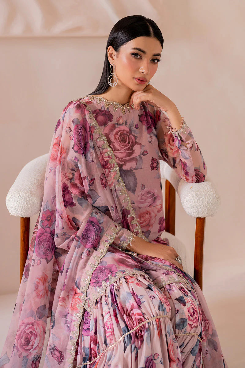 Baroque Embroidered & Printed Chiffon 3 Piece-Pink Floral