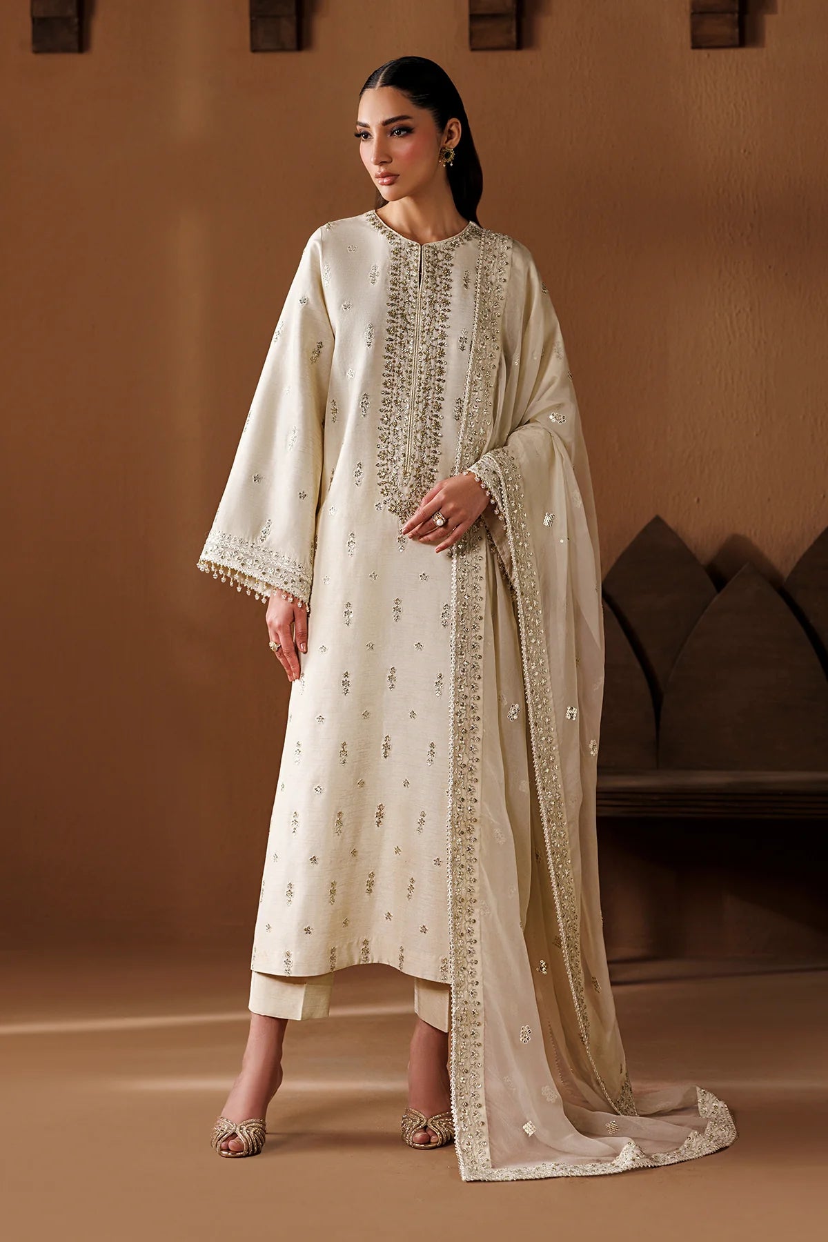 Baroque Embroidered Premium Raw Silk 3 Piece Suit-Offwhite