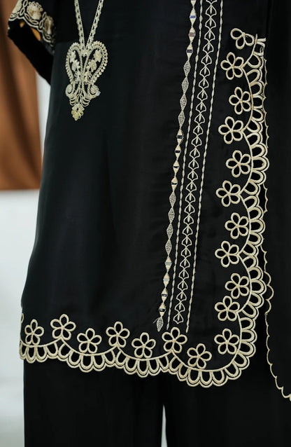 AMNA KHADIJA LUXE SILK EMBROIDERED CO-ORDS-BLACK