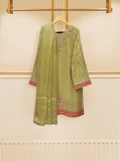 AGHANOOR PURE RAW SILK EMBROIDERED SHIRT WITH ORGANZA DUPATTA AND SILK PANT