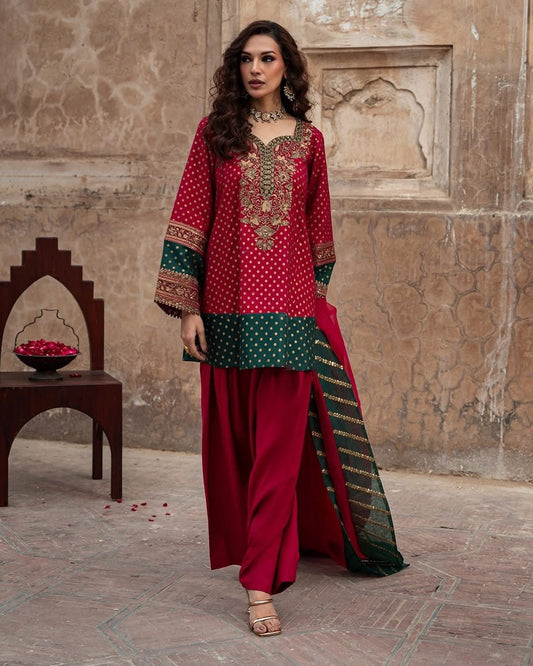 Charizma Embroidered Silk Pret 3 Piece with Farshi Shalwar-Magenta