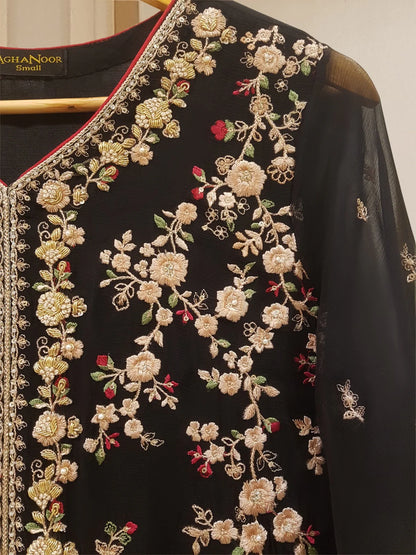 AGHANOOR PURE CHIFFON BEAUTIFUL EMBROIDERED SHIRT AND SILK PANT