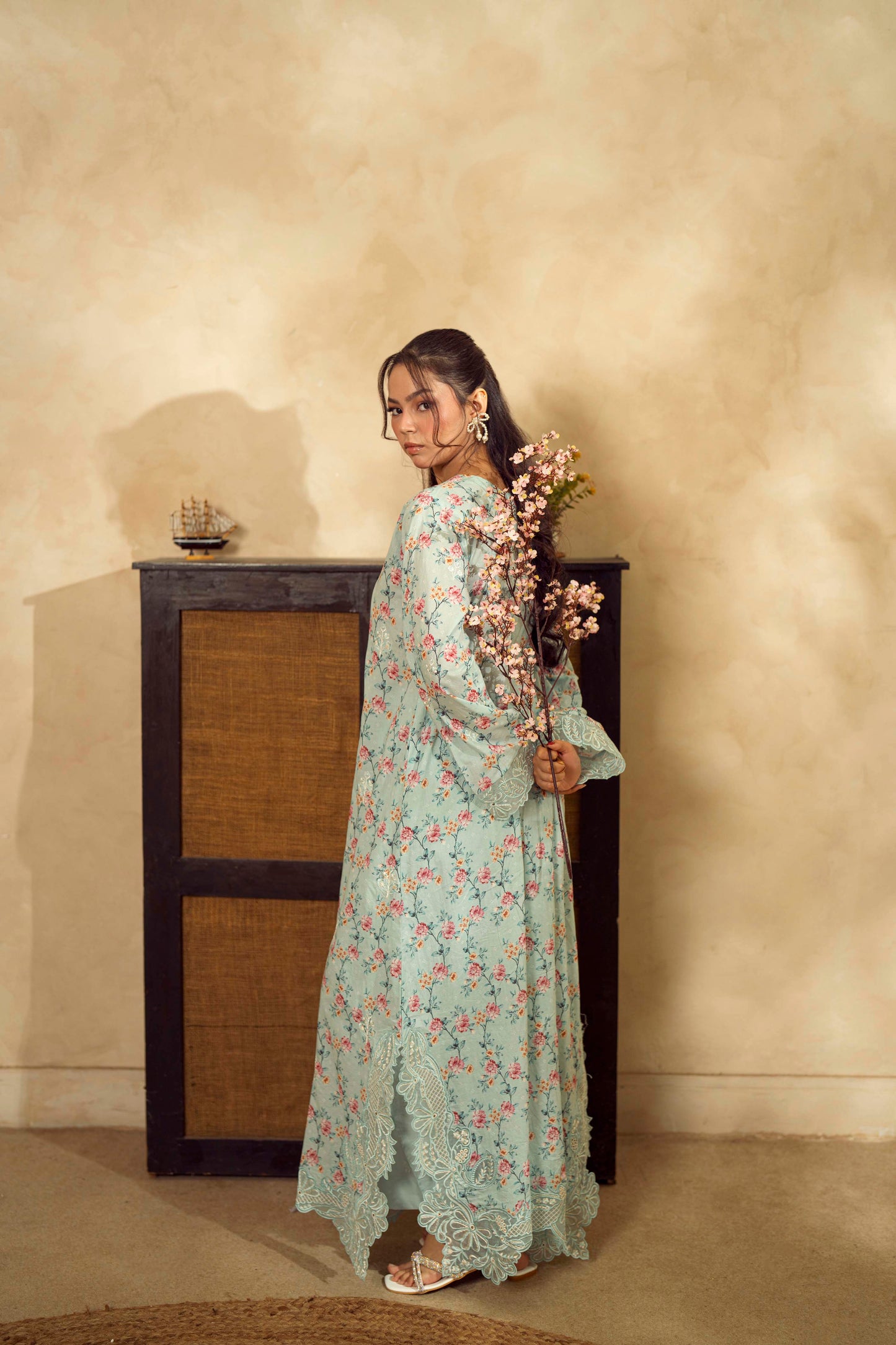 Guzel Embroidered & Printed Kaftan with Trouser-Noren-Nyra