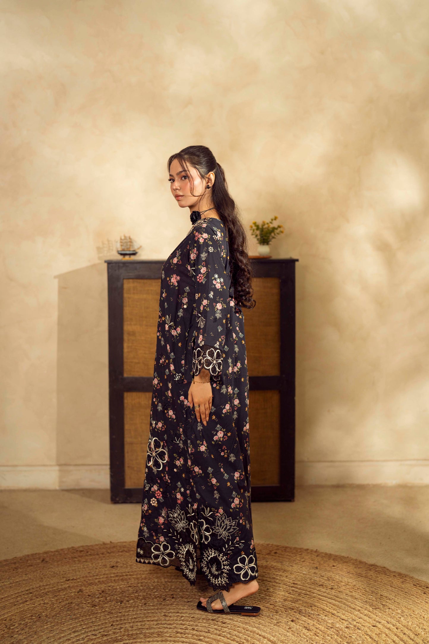Guzel Embroidered & Printed Kaftan with Trouser-Mael-Nyra