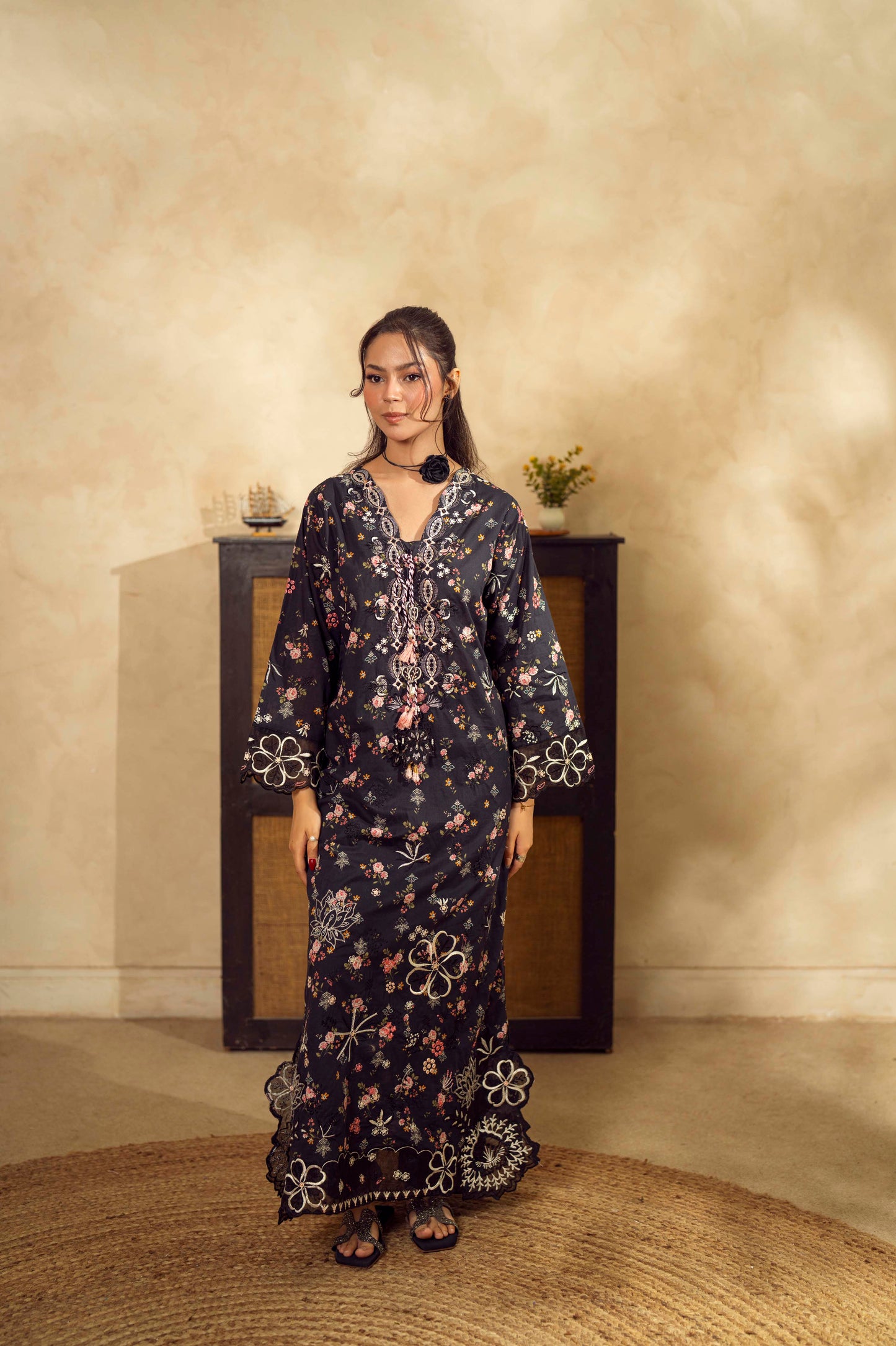 Guzel Embroidered & Printed Kaftan with Trouser-Mael-Nyra
