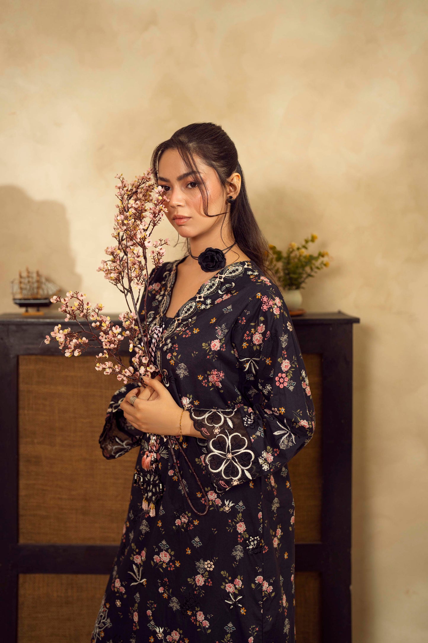 Guzel Embroidered & Printed Kaftan with Trouser-Mael-Nyra