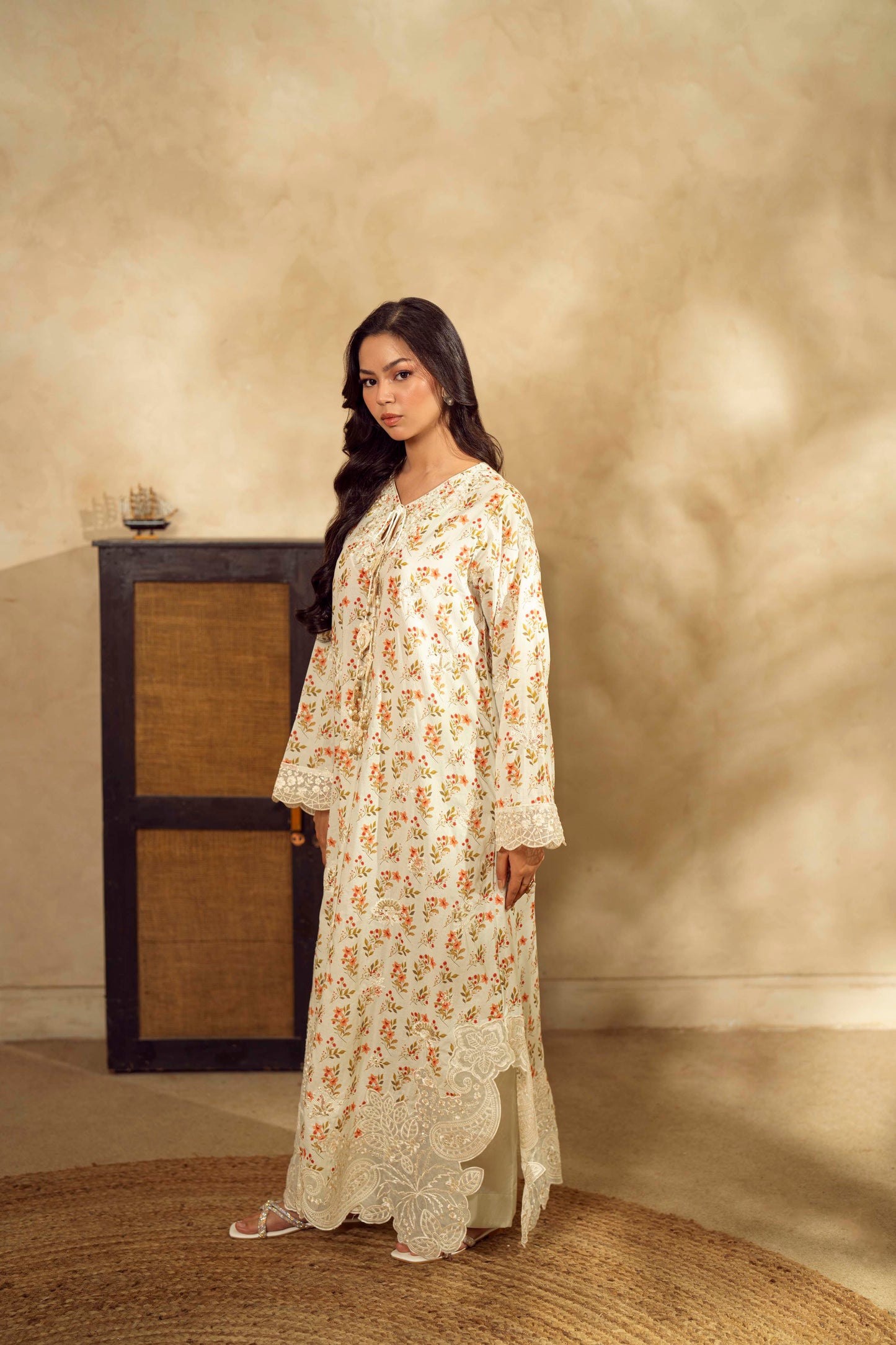 Guzel Embroidered & Printed Kaftan with Trouser-Zayra