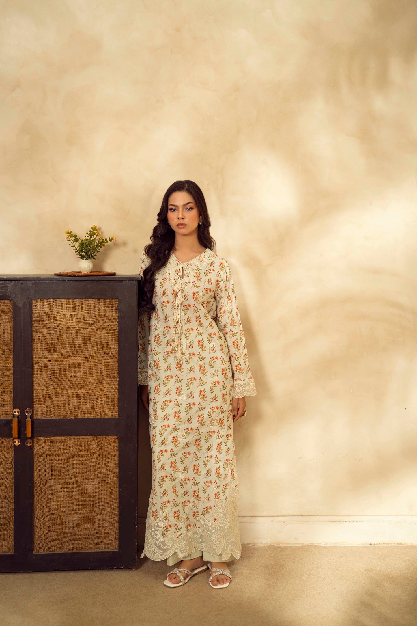 Guzel Embroidered & Printed Kaftan with Trouser-Zayra
