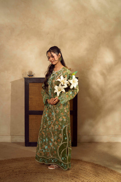Guzel Embroidered & Printed Kaftan with Trouser-Mehr-Nyra
