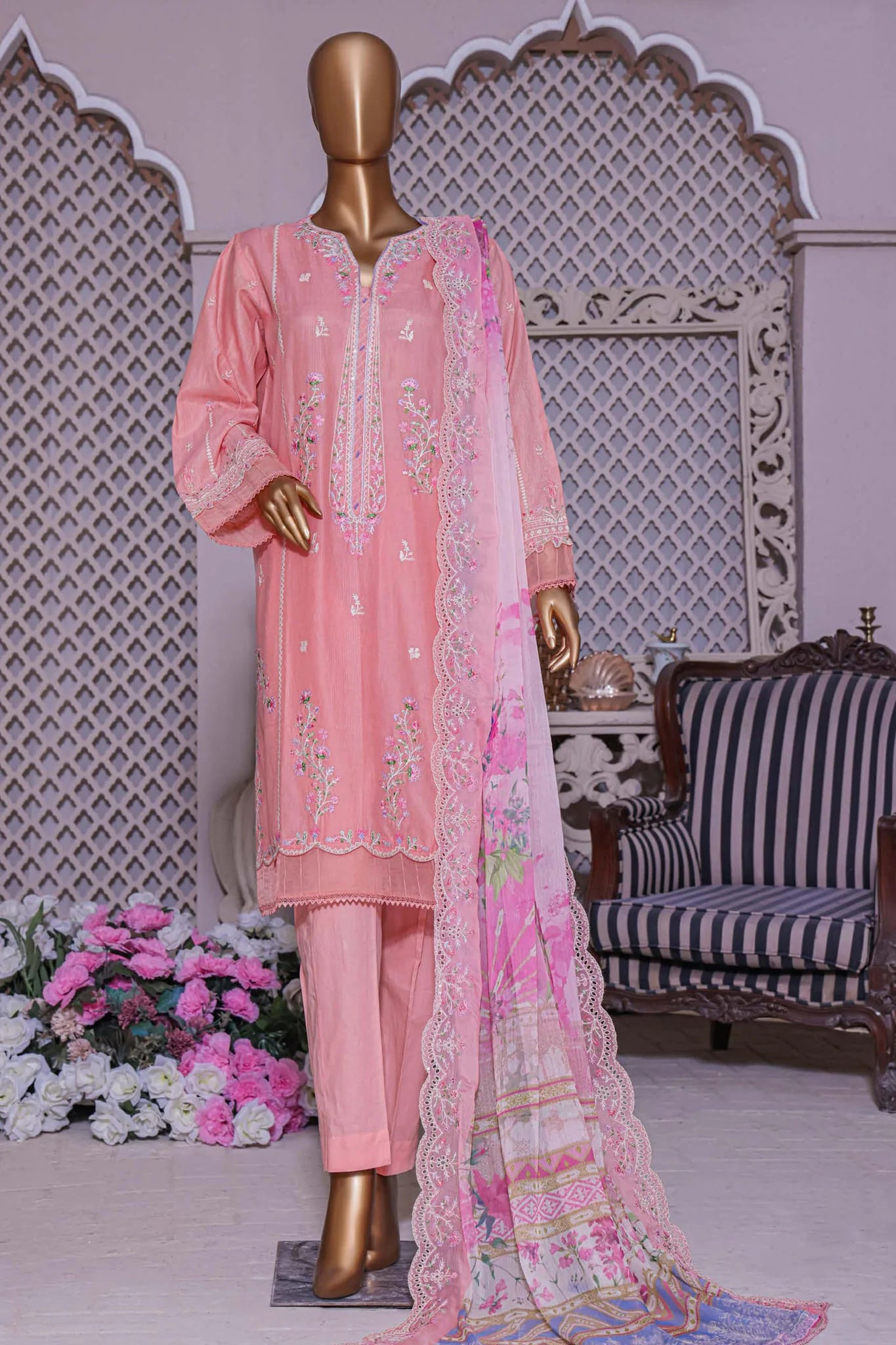 Bin Saeed Dhagakari Cutwork & Embroidered 3 Piece Suit