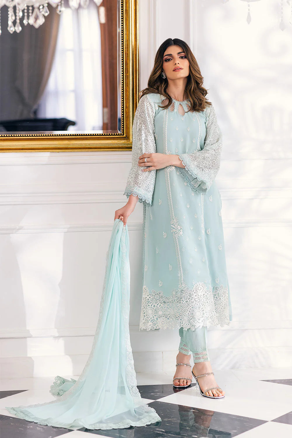 Azure Stitched Daisy Charm-Embroidered Chiffon 3 Piece Suit