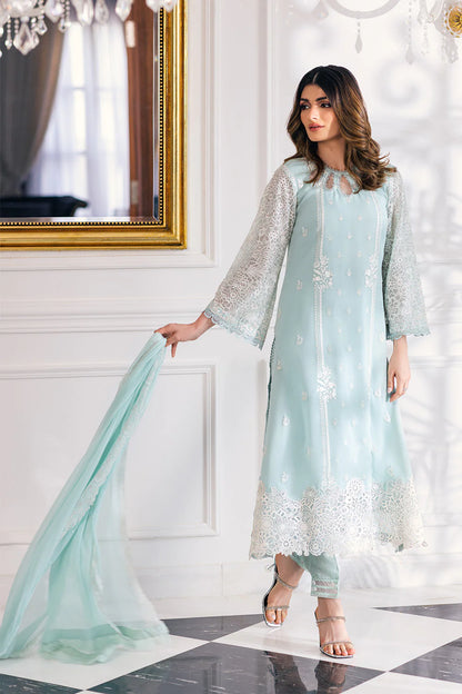 Azure Stitched Daisy Charm-Embroidered Chiffon 3 Piece Suit