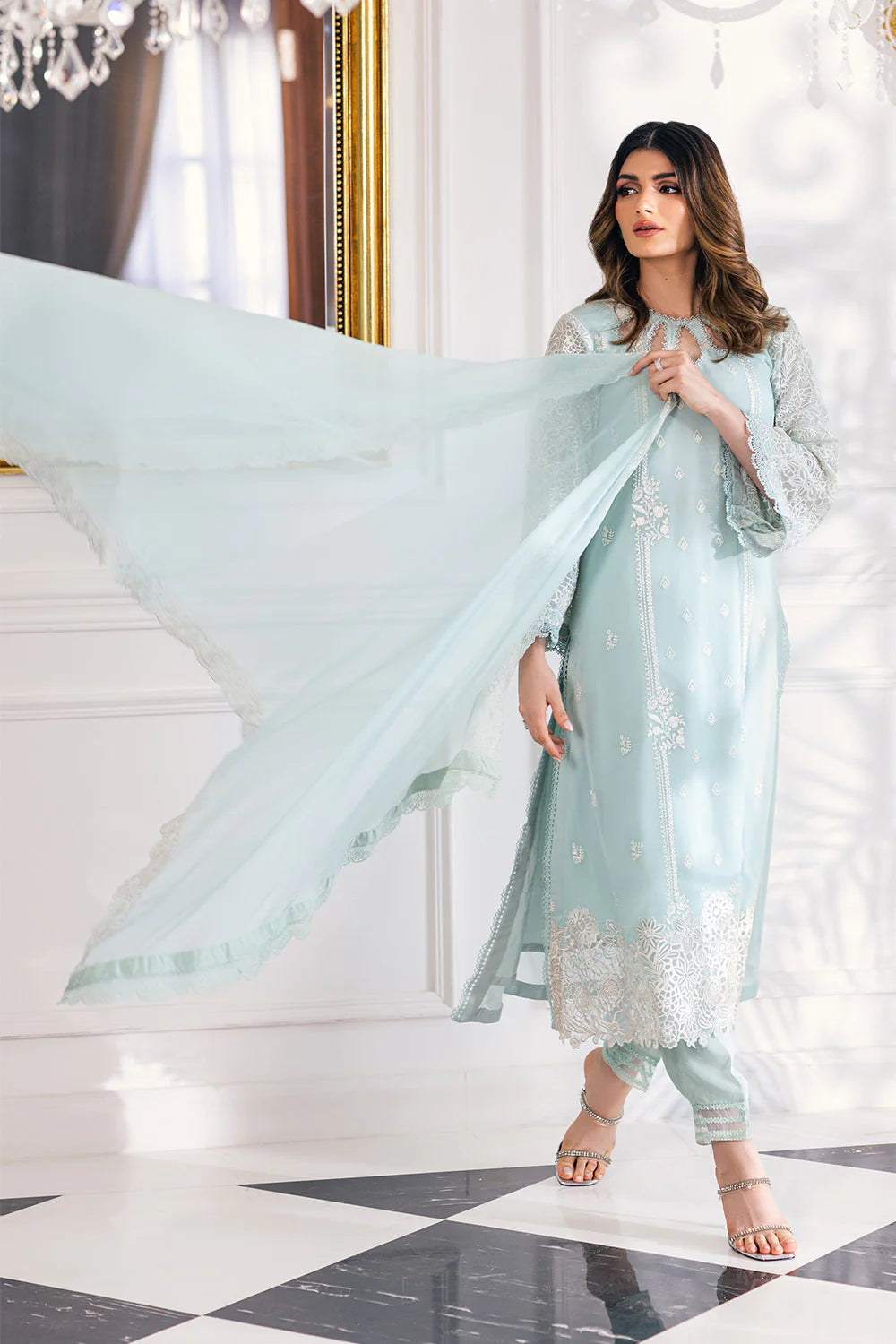 Azure Stitched Daisy Charm-Embroidered Chiffon 3 Piece Suit