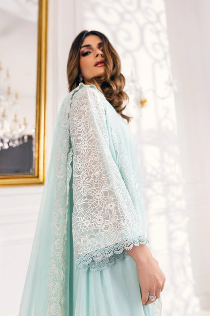 Azure Stitched Daisy Charm-Embroidered Chiffon 3 Piece Suit