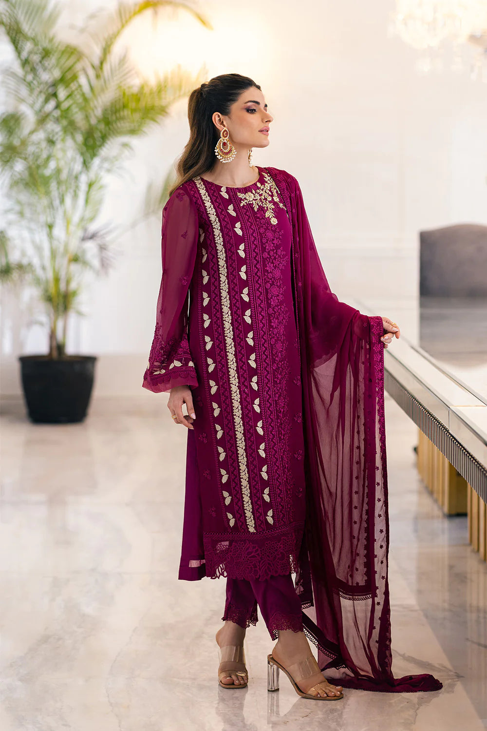 Azure Stitched Glooming Diva-Embroidered Chiffon 3 Piece Suit