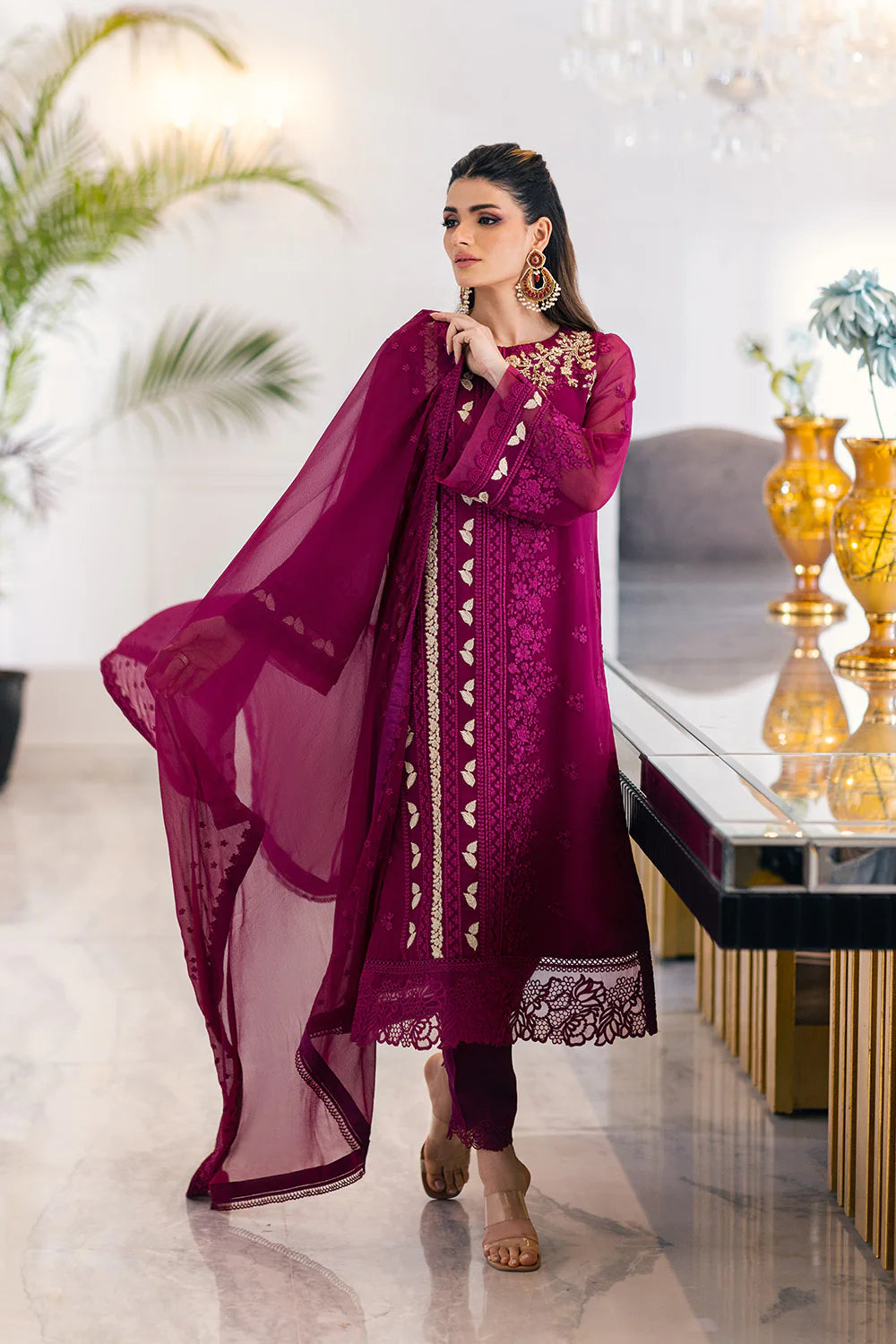 Azure Stitched Glooming Diva-Embroidered Chiffon 3 Piece Suit