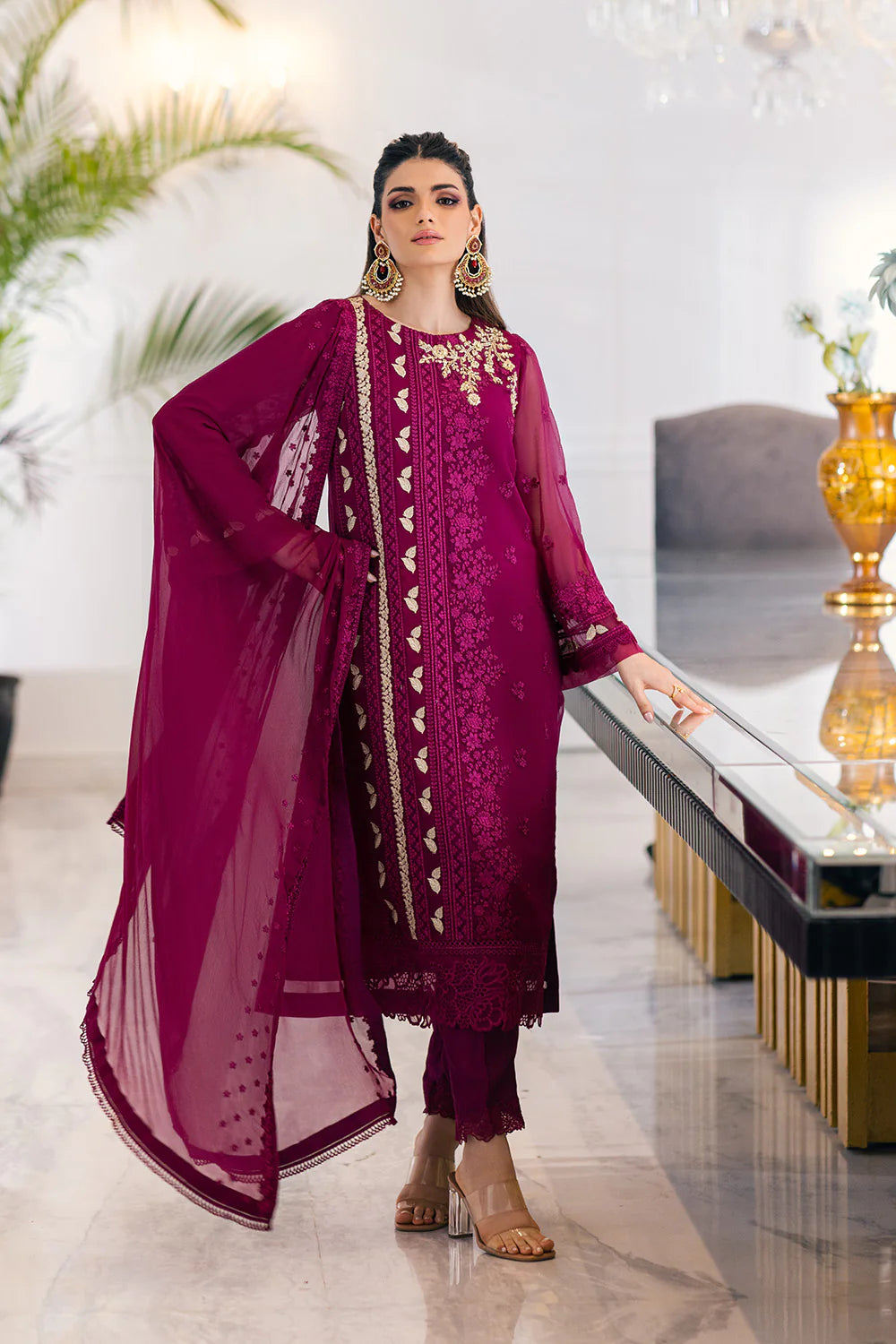 Azure Stitched Glooming Diva-Embroidered Chiffon 3 Piece Suit