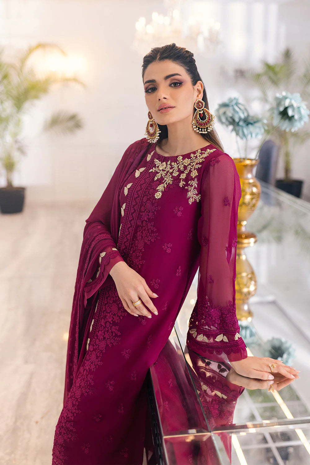 Azure Stitched Glooming Diva-Embroidered Chiffon 3 Piece Suit