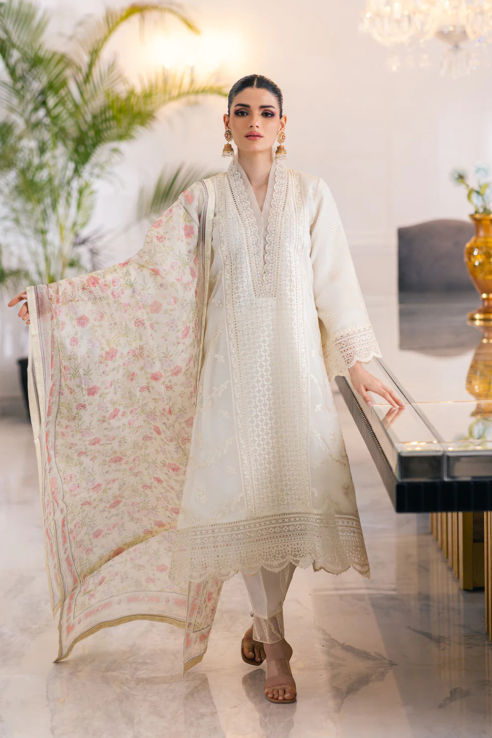 Azure Heaven Bliss-Embroidered Chiffon 3 Piece Suit