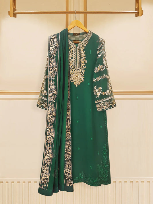 AGHANOOR 3 PIECE 100% PURE CHIFFON EMBROIDERED SUIT