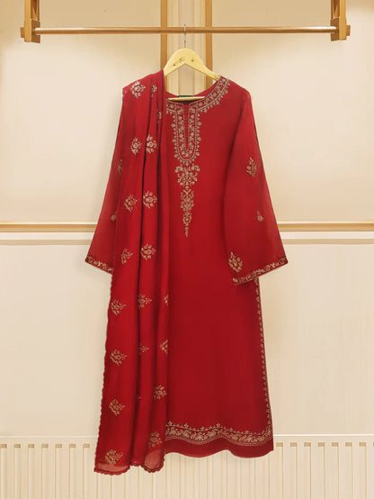 THREE PIECE PURE COTTON NET EMBROIDERED SUIT