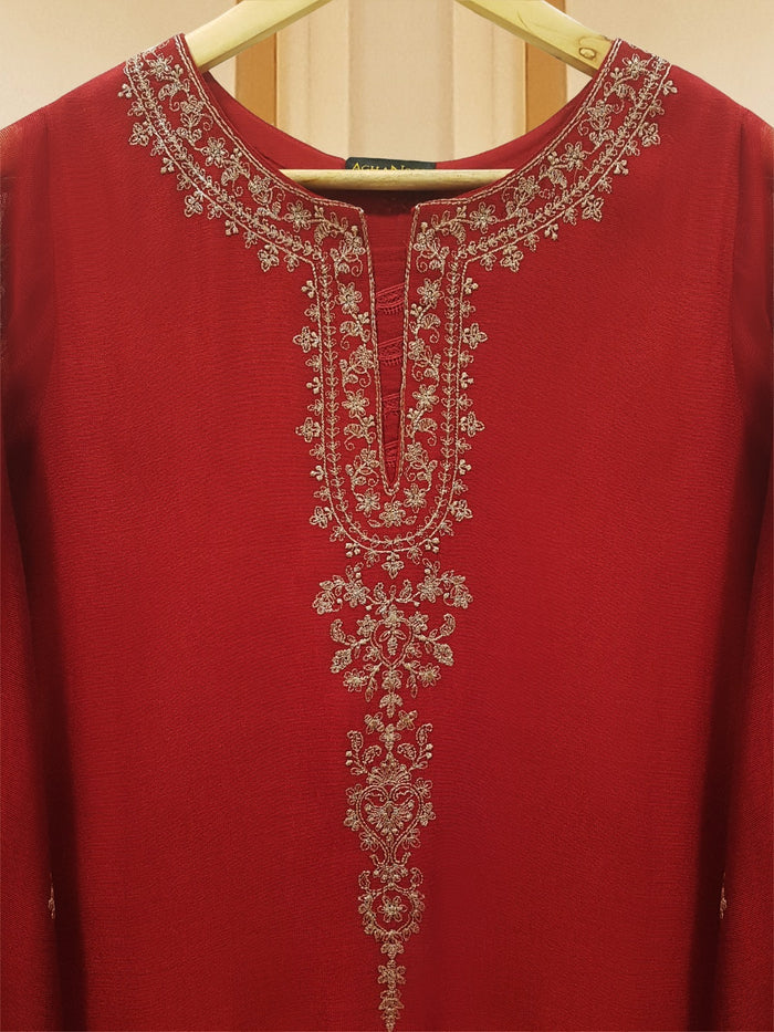 THREE PIECE PURE COTTON NET EMBROIDERED SUIT